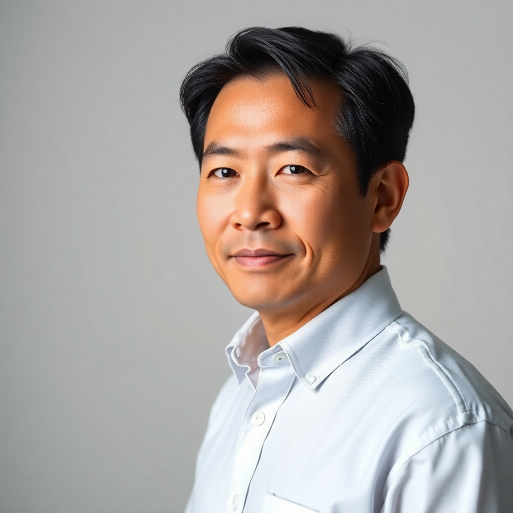 professional portrait of Vietnamese man in his 40s with technical expertise look, minimal background