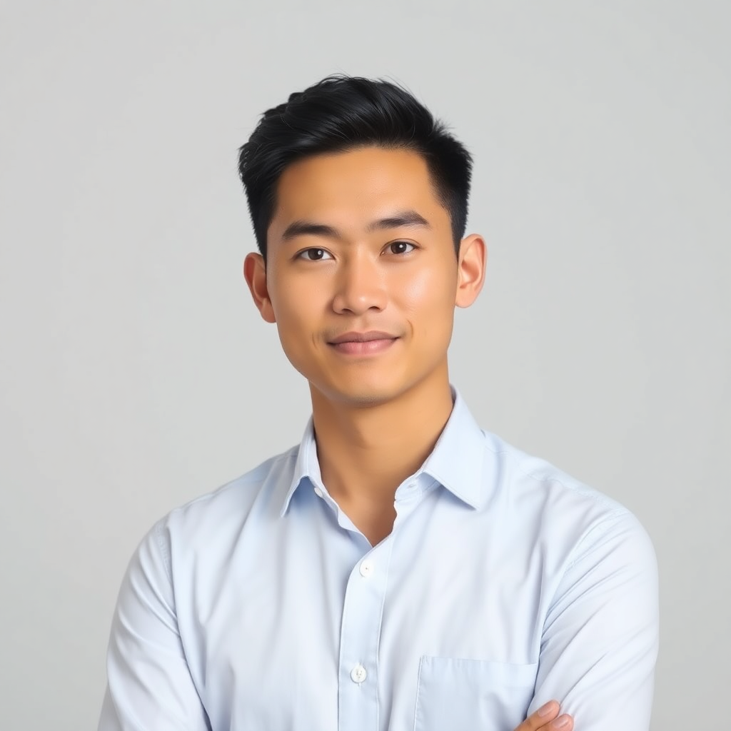 professional portrait of Vietnamese man in his 30s with confident expression, minimal background