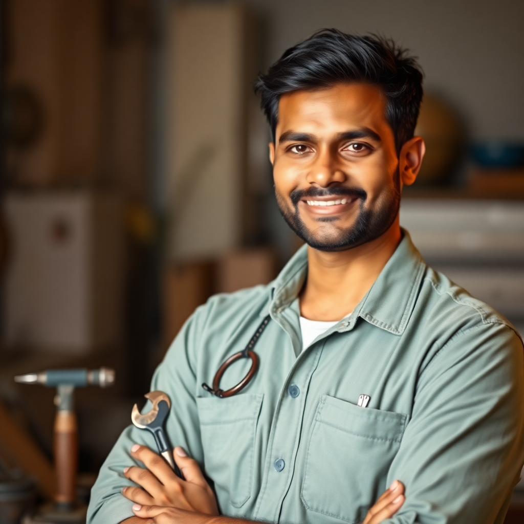 Successful Indian service provider with tools, confident middle-aged person, professional photography, warm lighting