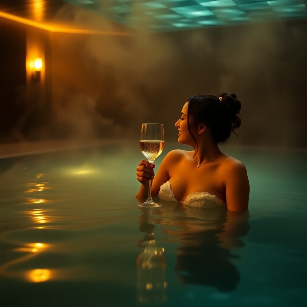 couple thermal spa Andorra Caldea luxury wellness romantic evening steam water dark cinematic editorial photography warm champagne gold tones