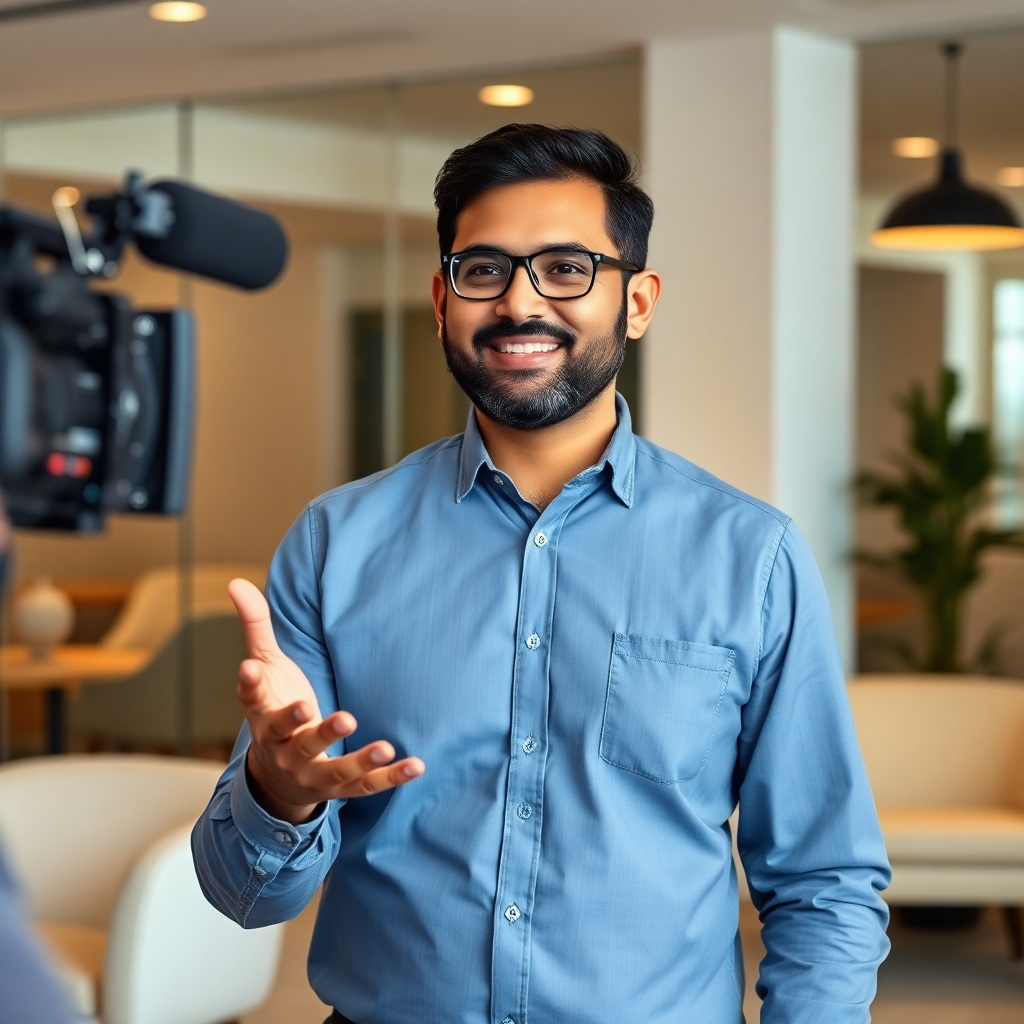 professional Indian founder CEO in modern office giving presentation