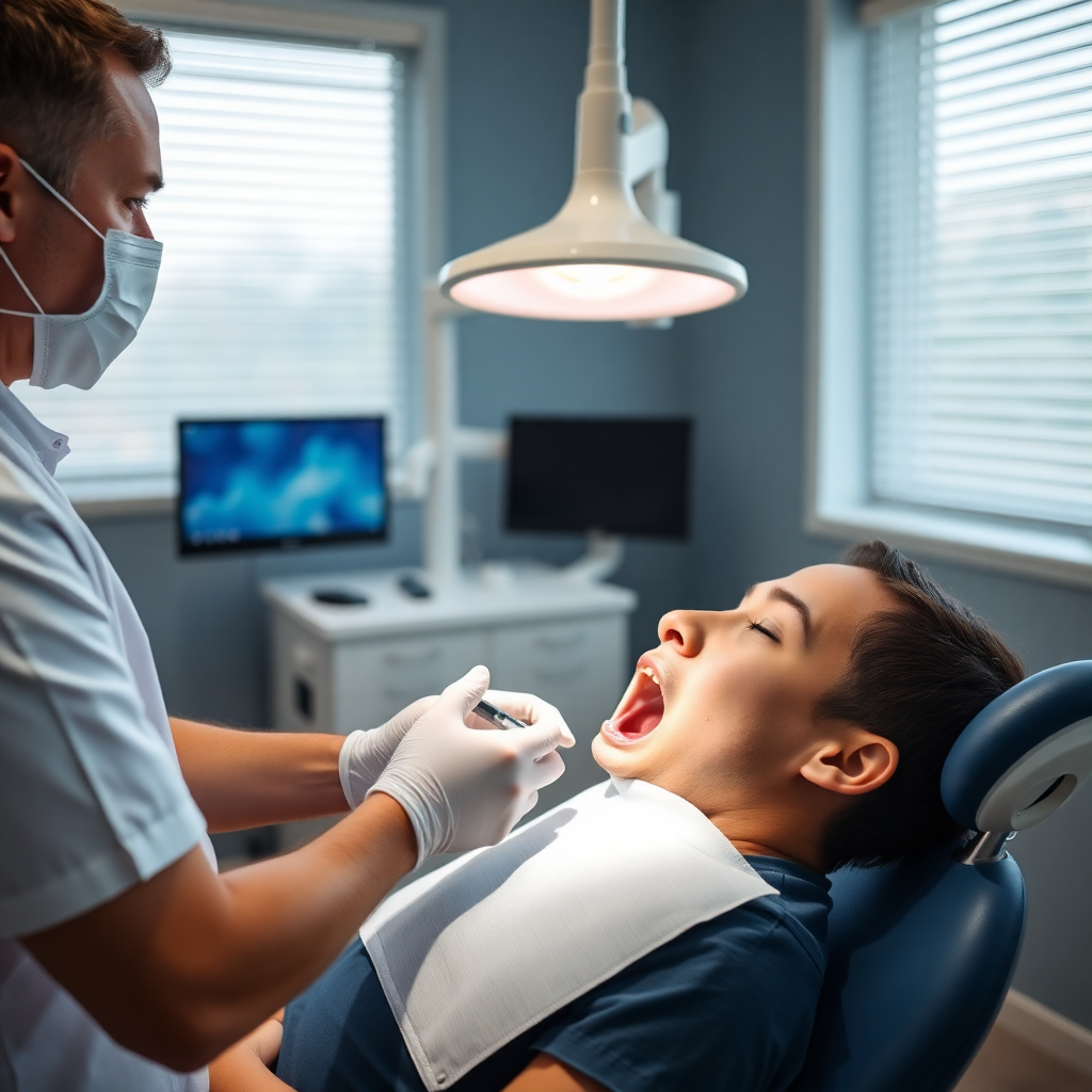 dentist performing comprehensive oral examination on patient, modern dental clinic, professional dental care, medical consultation photography