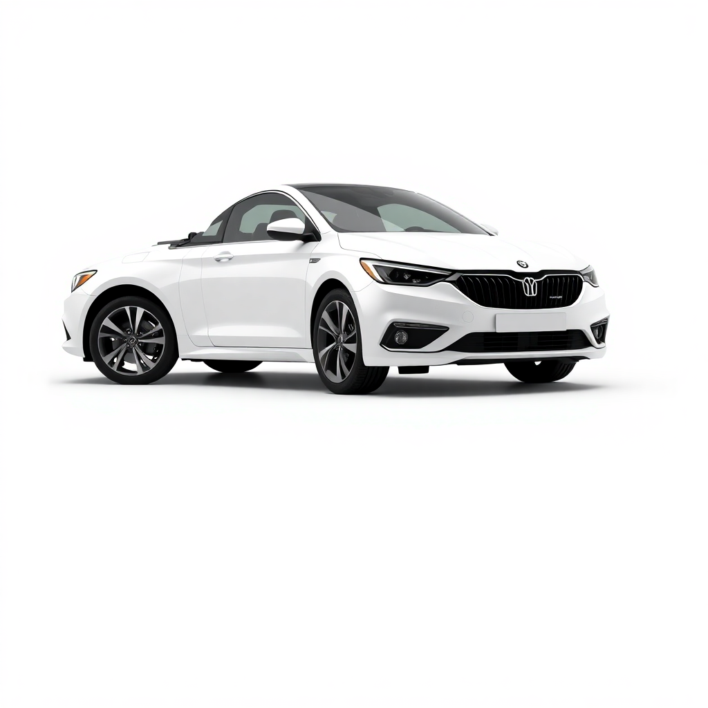a modern white sedan car, side-front view, on a clean white background, photorealistic studio shot