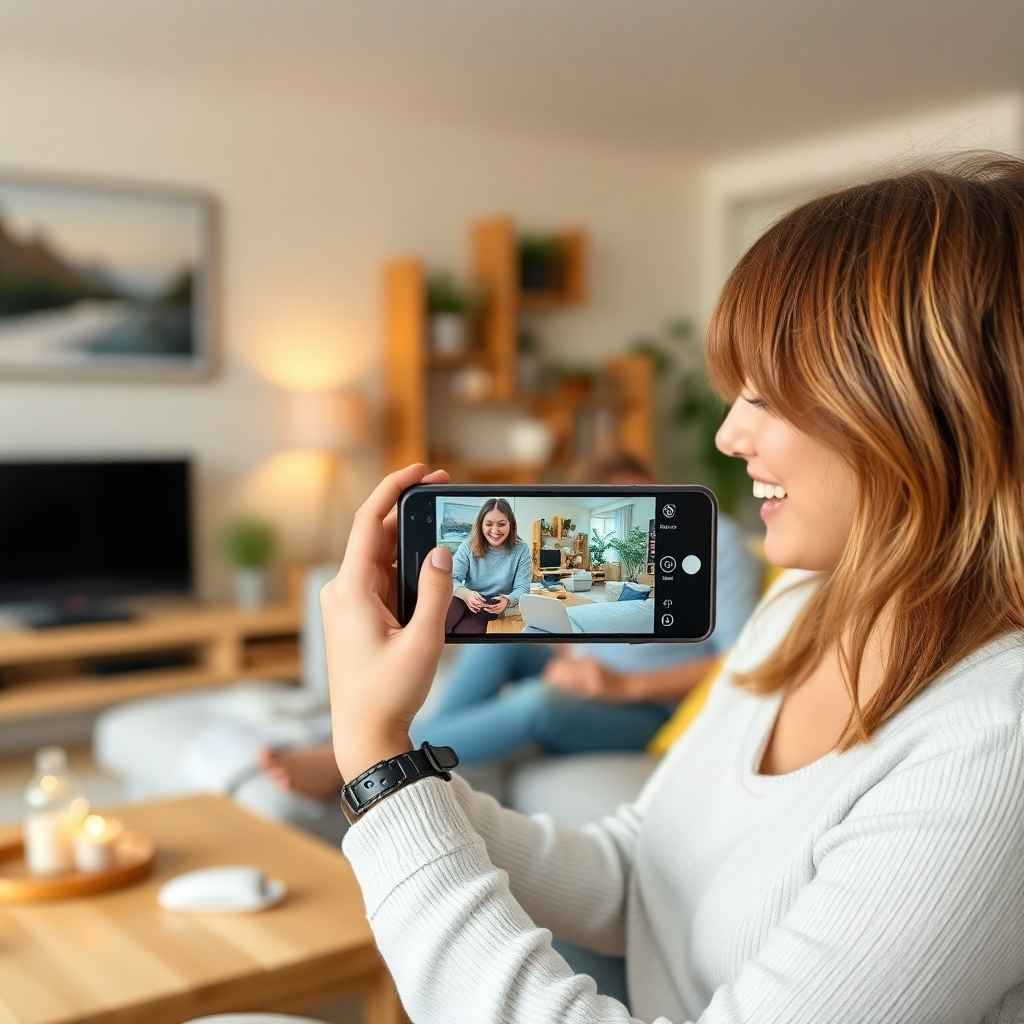 Lifestyle photography of person using app happily in warm living room setting