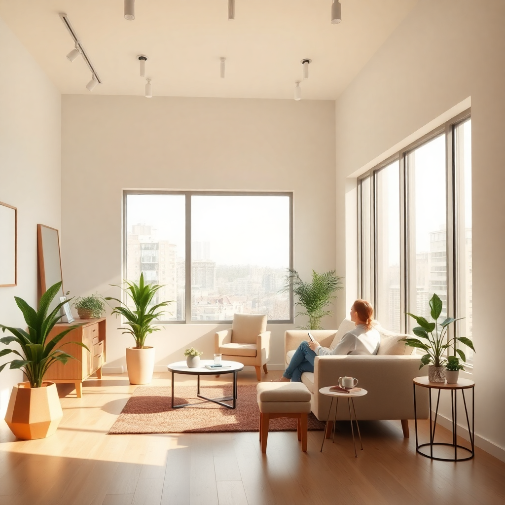 peaceful therapy session in modern minimalist office, warm natural sunlight through large windows, comfortable neutral-toned furniture, plants, serene atmosphere, professional yet welcoming, photorealistic