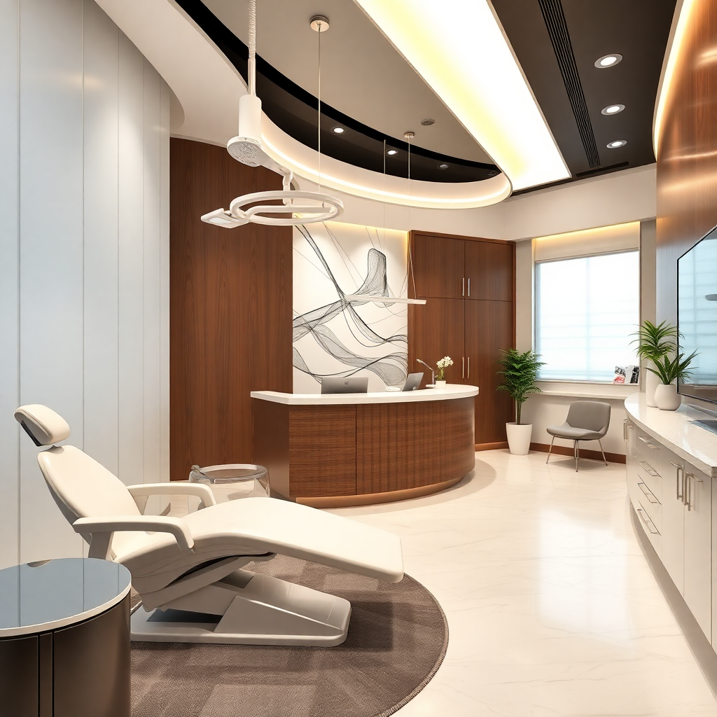 modern luxury dental clinic reception area, professional healthcare facility, elegant medical office interior