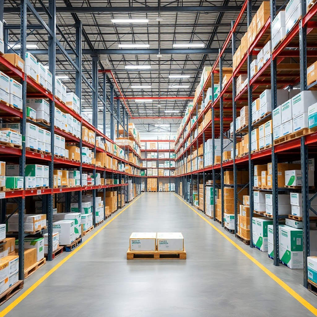 modern pharma warehouse with medicine boxes and inventory management, professional B2B environment
