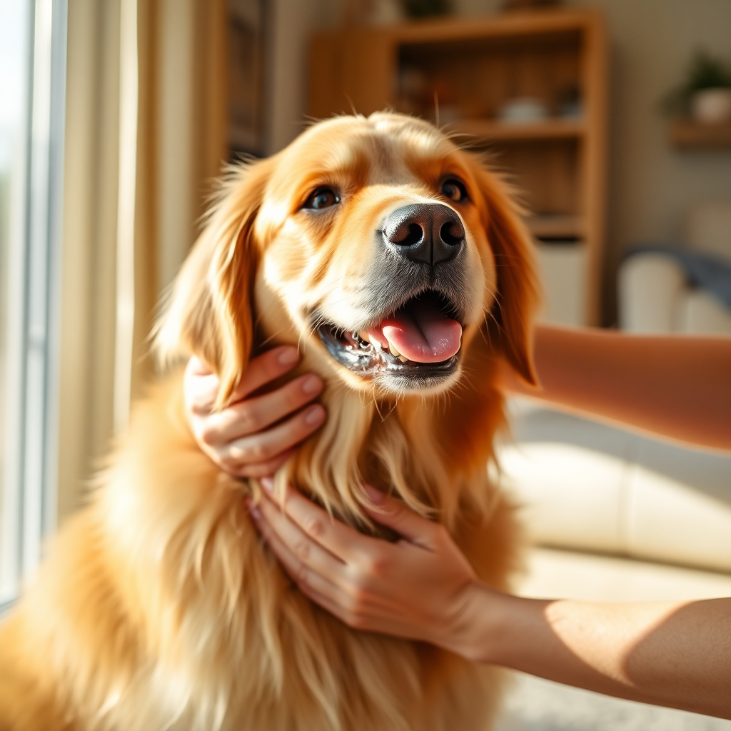 warmes herzergreifendes Foto eines glücklichen Golden Retrievers, der liebevoll von einem fürsorglichen Pet-Sitter in einem hellen, gemütlichen Zuhause gestreichelt wird