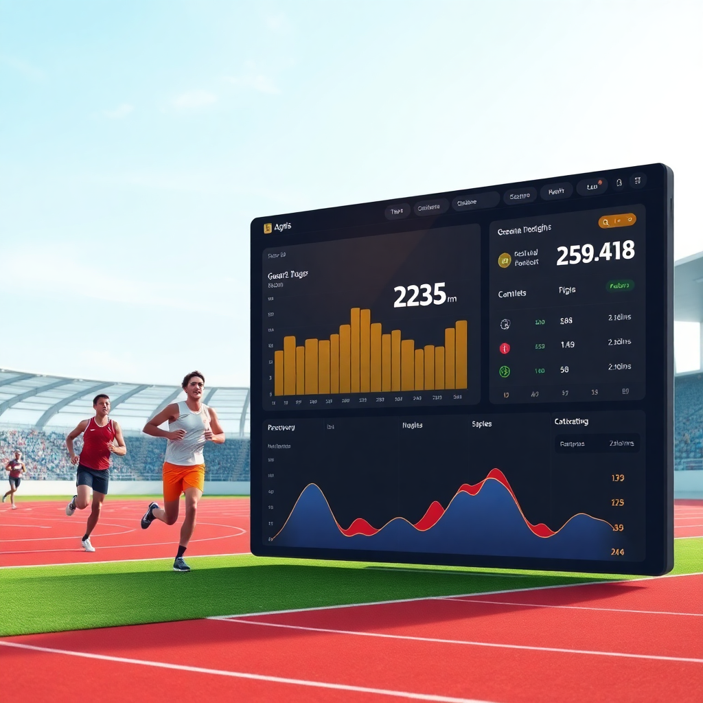 modern sports event dashboard interface with athletes running track and digital scoreboard