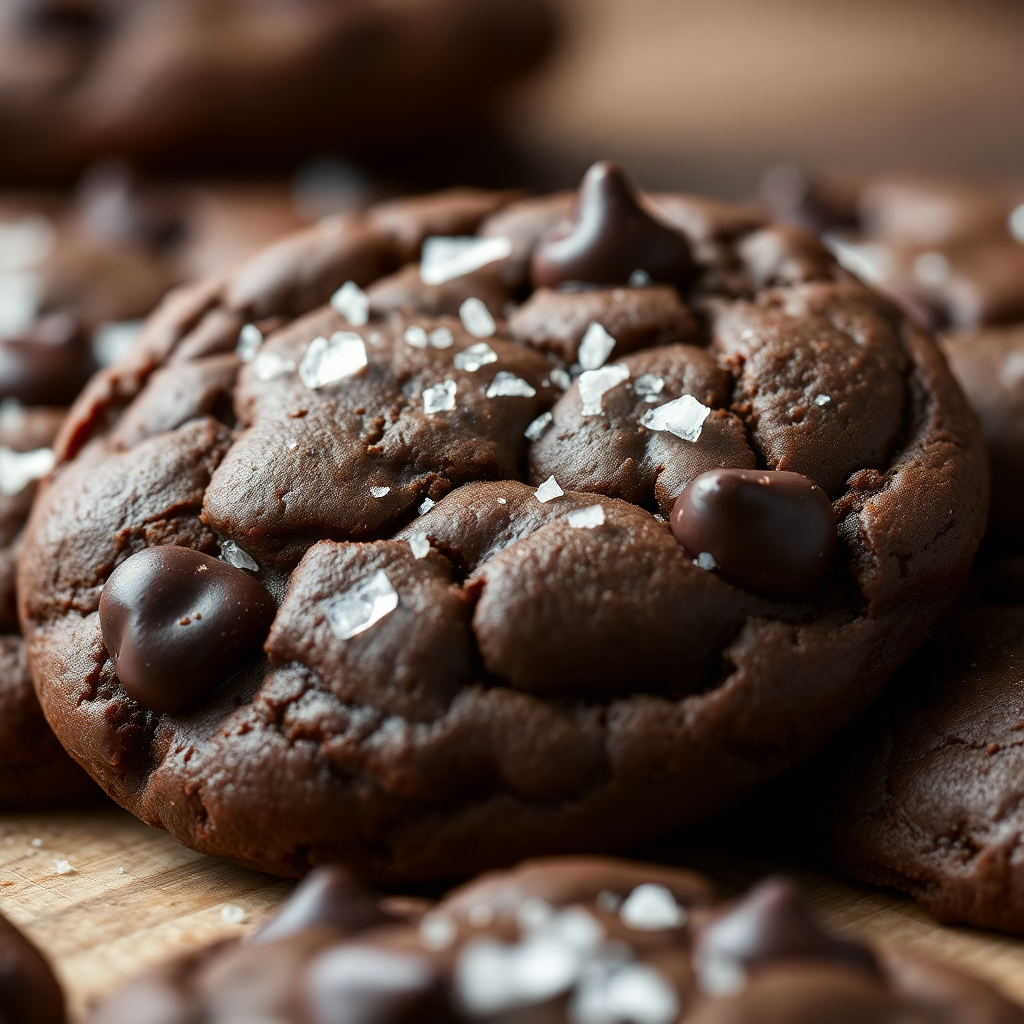 Macro shot of a classic dark chocolate chip cookie with sea salt flakes on top