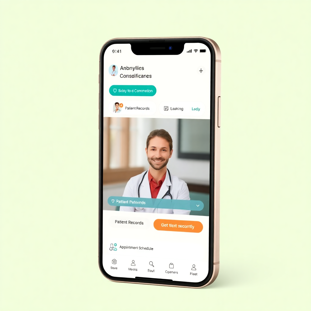 healthcare telemedicine mobile app showing video consultation interface, patient records, and appointment scheduling