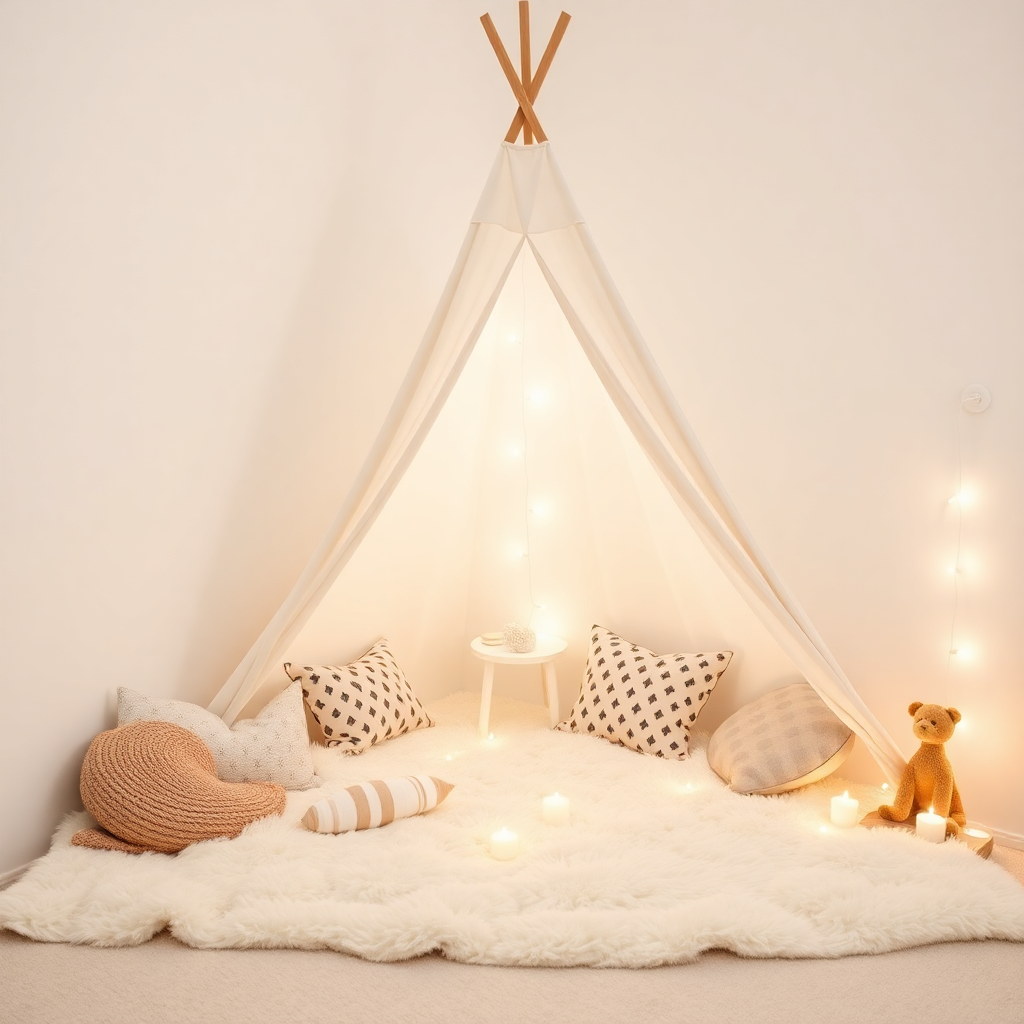 classic sleepover white linen teepee, fluffy cushions, intimate pajama party setup, pure and cozy atmosphere for kids