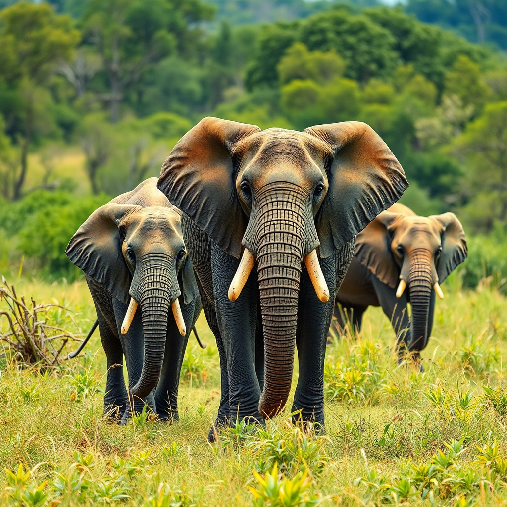 Safari scene with elephants roaming the African savanna.