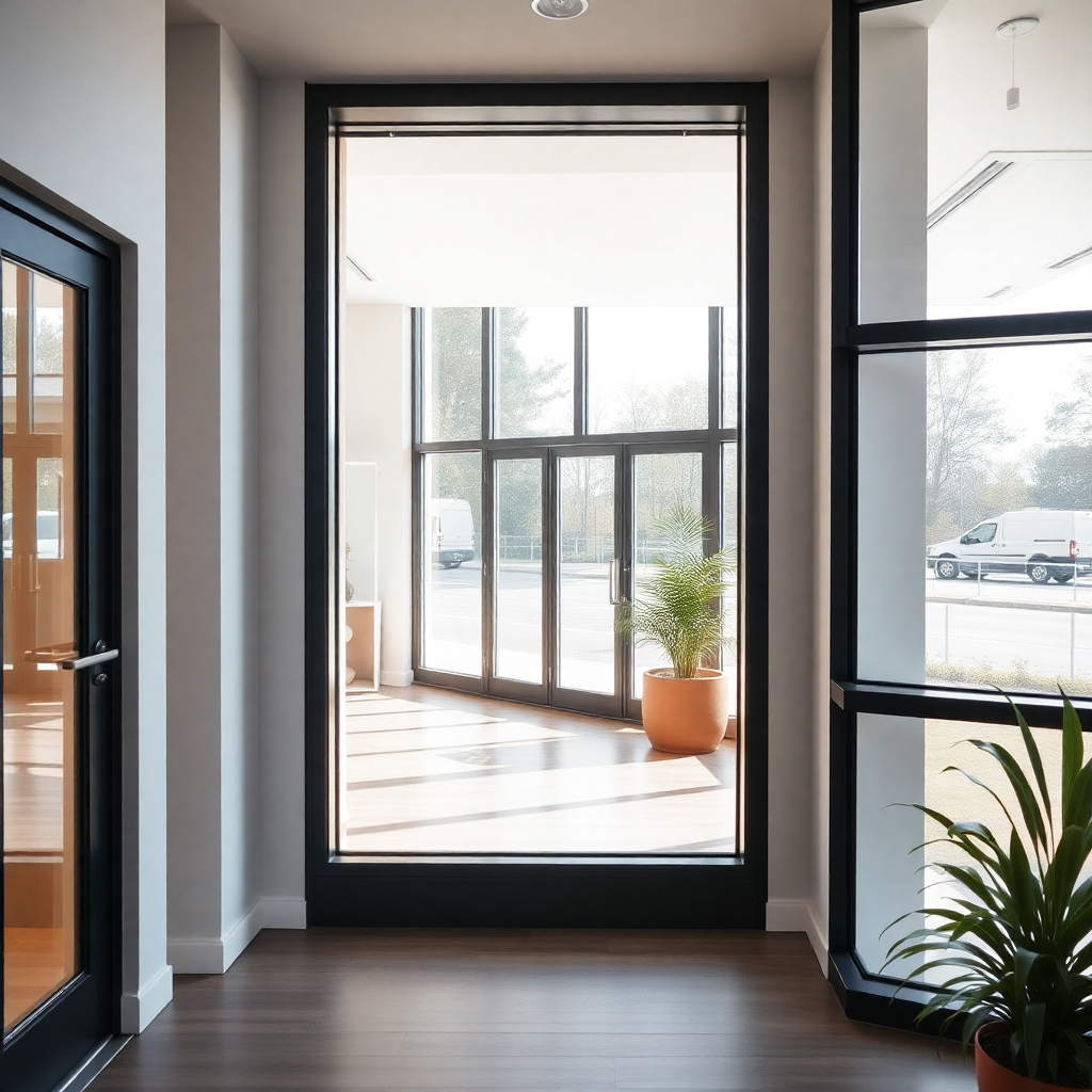 Interior of a modern window and door showroom, bright and clean, professional photography