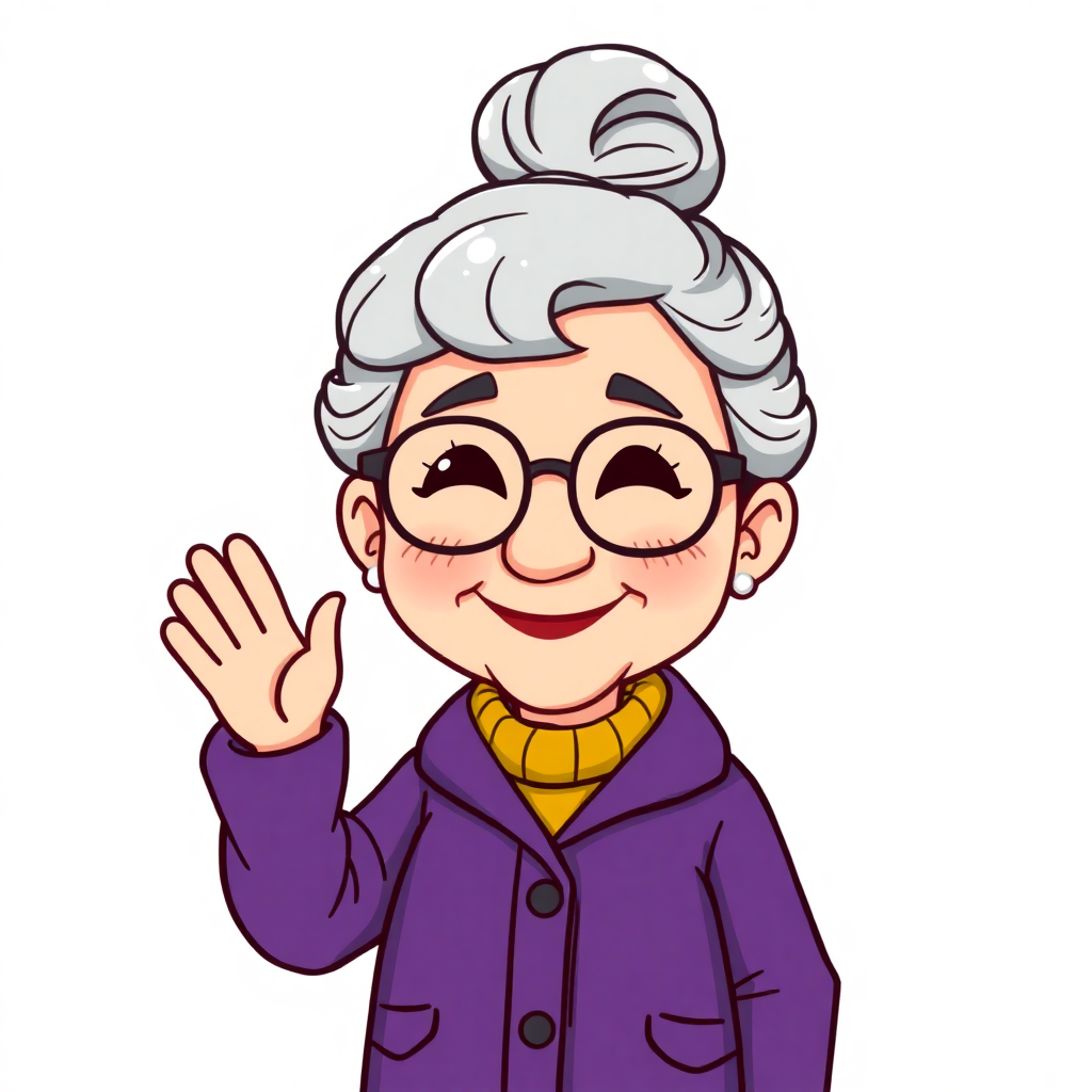 Cartoon of a friendly elderly woman with grey hair in a bun, wearing glasses and a purple jacket, waving. Chibi art style.