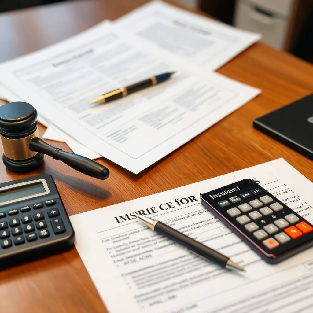 documentos de seguro e formulários sobre uma secretária, ambiente profissional