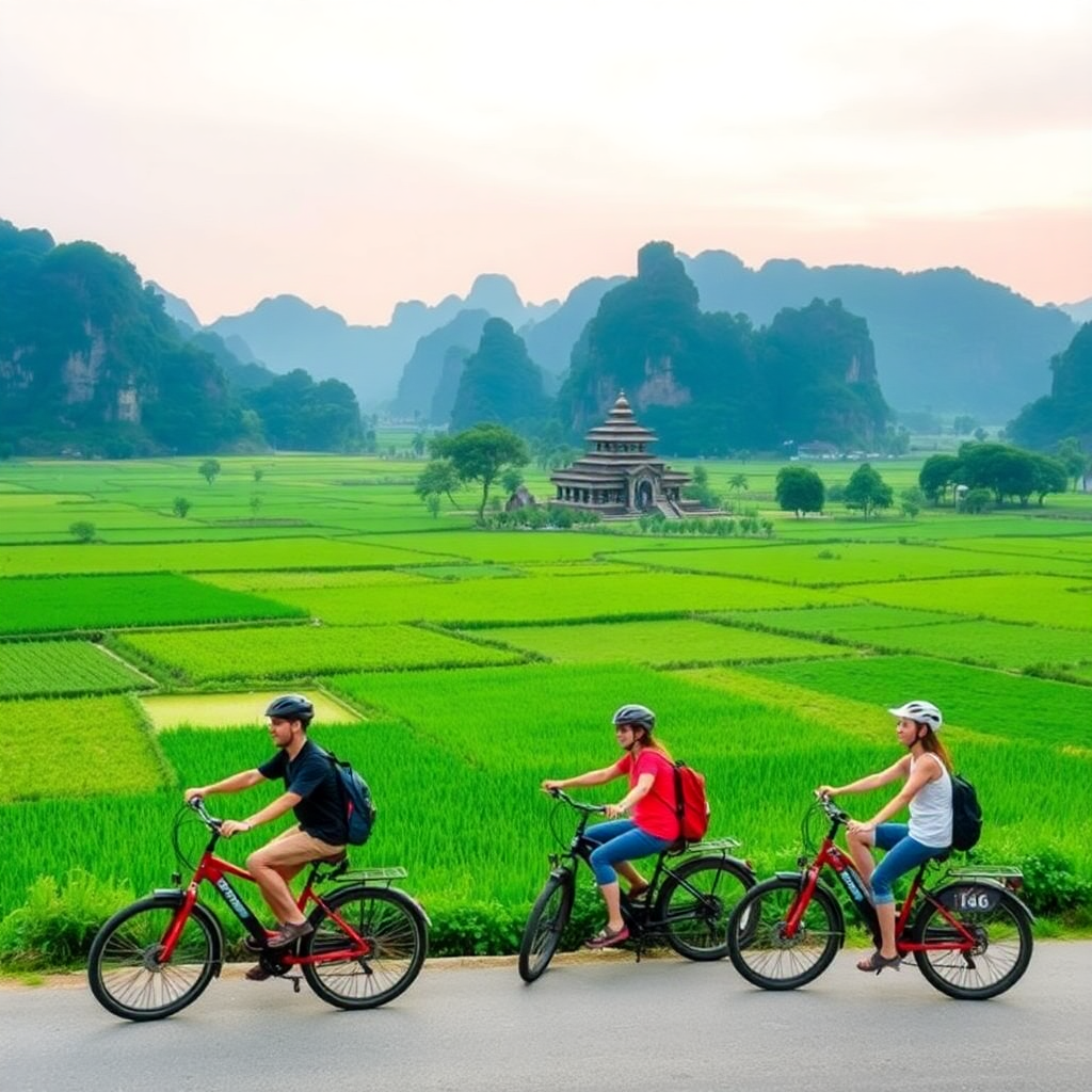 tourists on e-bikes exploring Ninh Binh landscapes, karst mountains, rice fields, ancient temples