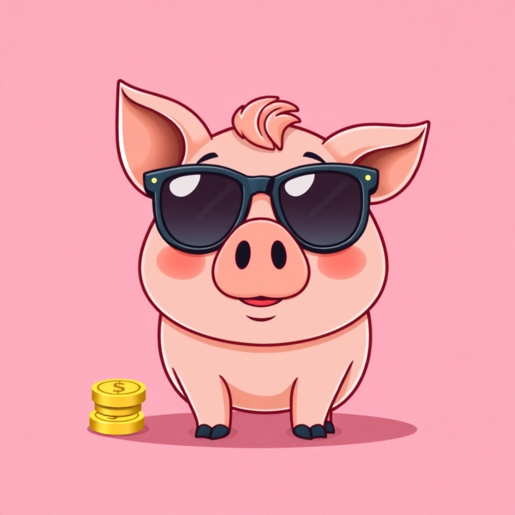 cute rich pig cartoon character wearing sunglasses, pink background, piggy bank theme, slot game icon