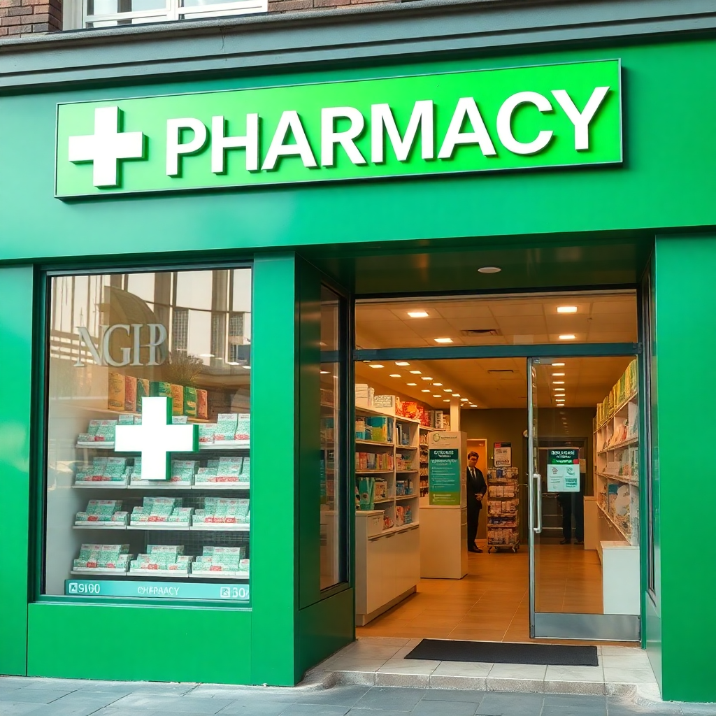 modern green pharmacy storefront with cross sign, clean professional exterior