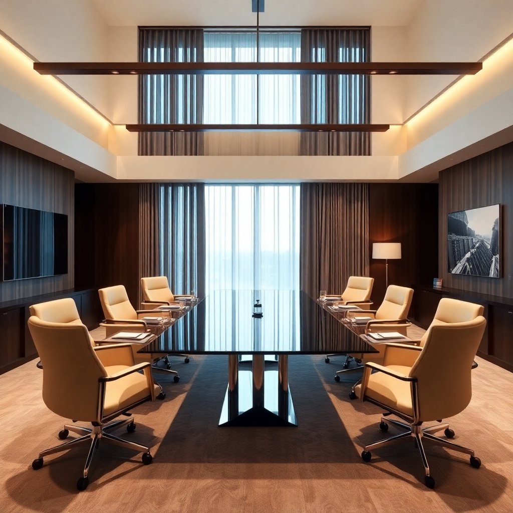 luxury hotel business center, modern workspace, conference room, professional meeting environment