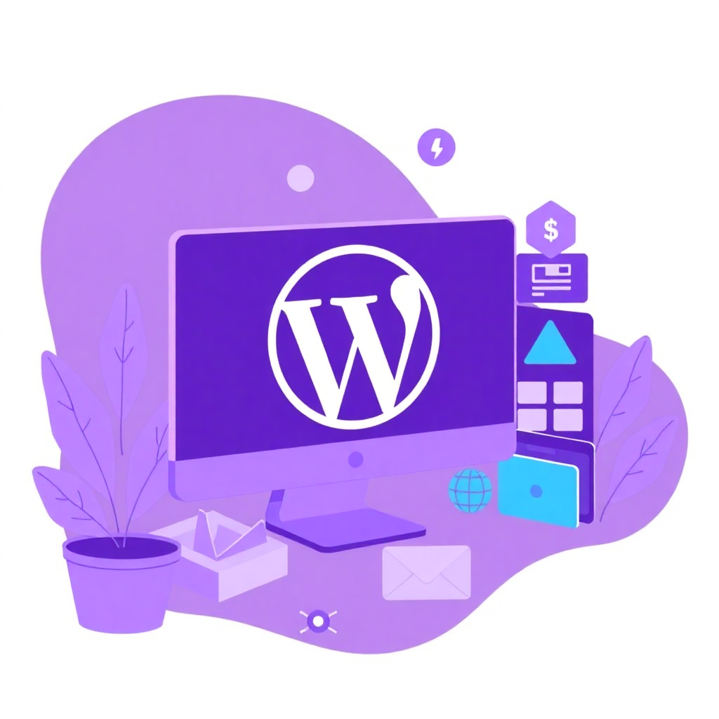 WordPress development illustration with custom plugins and themes in purple color scheme