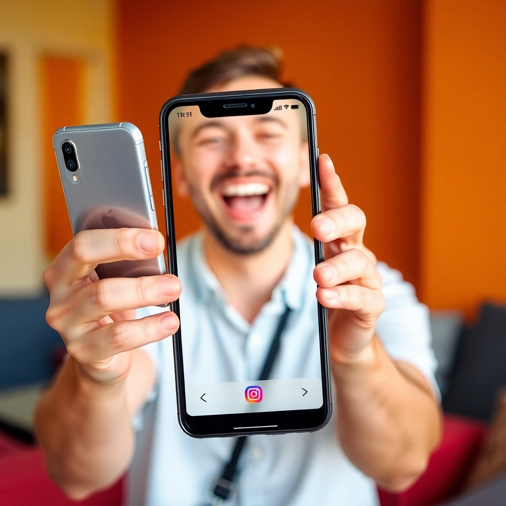 person sharing link on phone via social media, excited expression, bright background, lifestyle