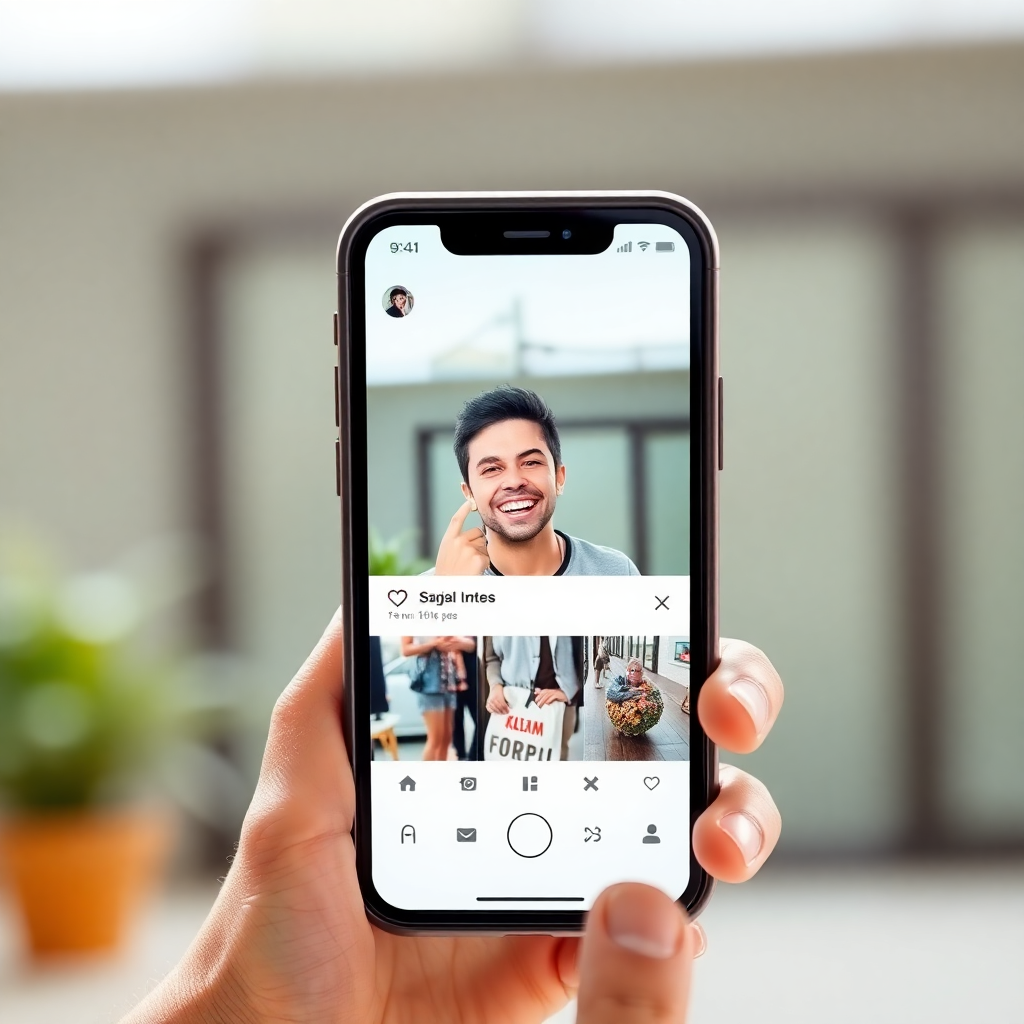 person sharing link on phone via social media, excited expression, bright background, lifestyle