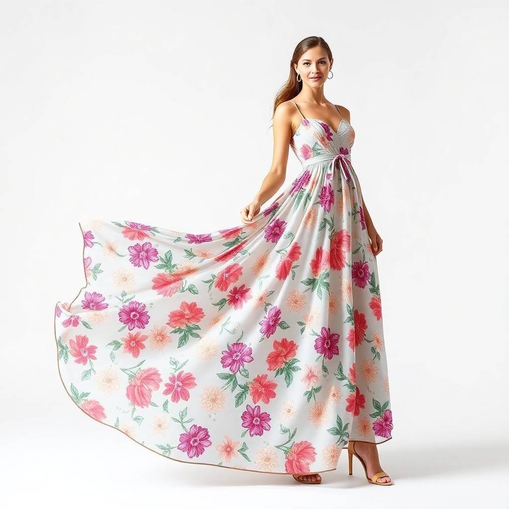 elegant flowing floral summer dress on white background, fashion photography, professional product photo