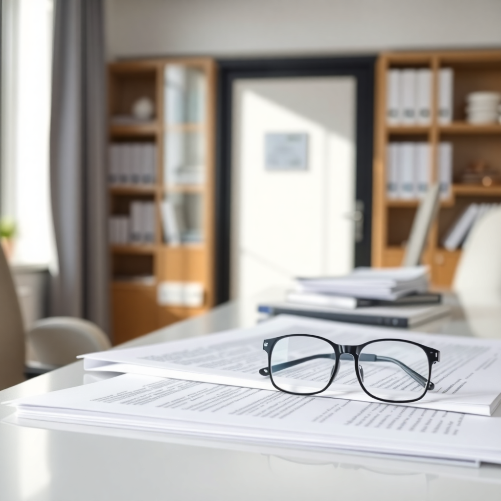 medical research papers and documents on desk with reading glasses, clinical office setting, natural lighting, professional environment