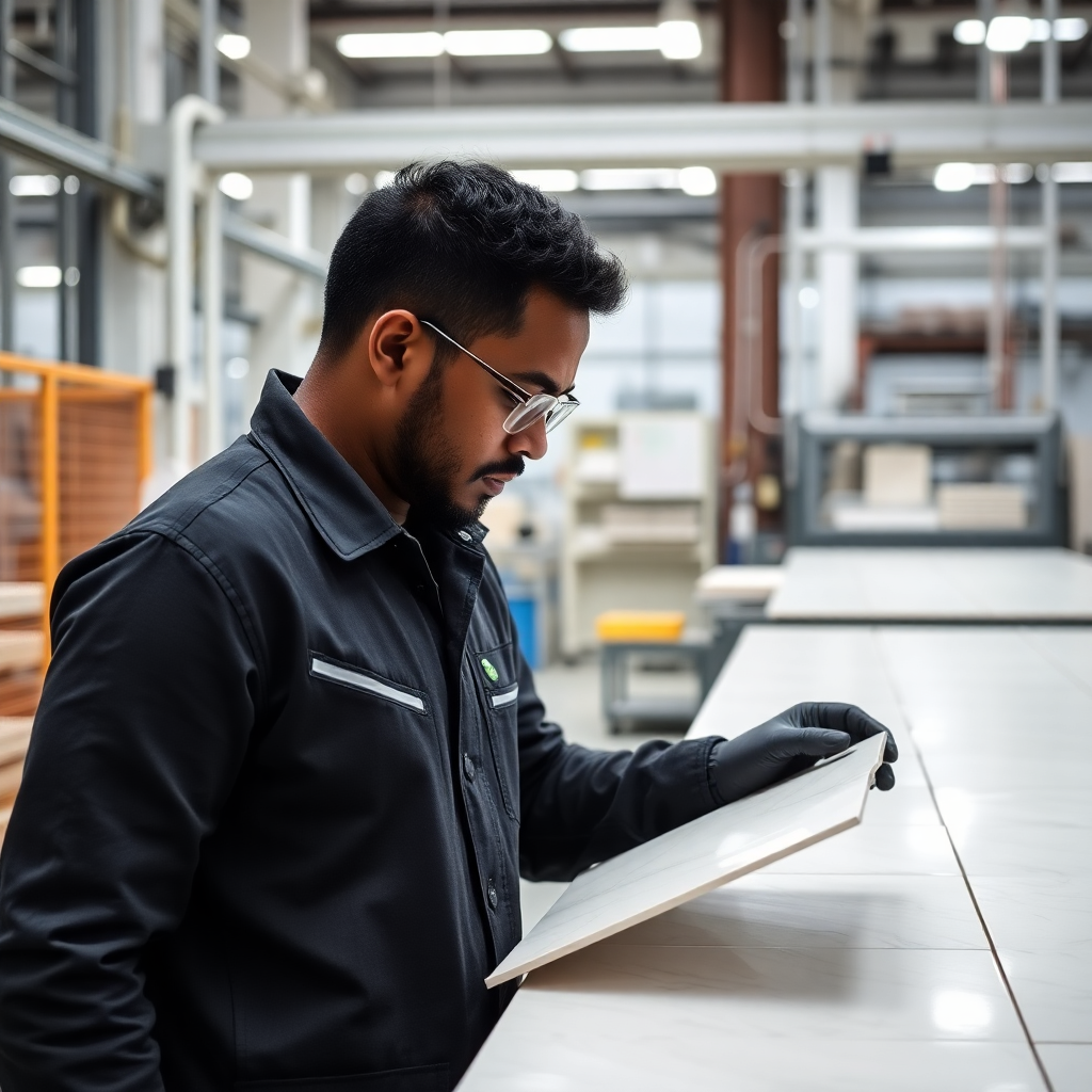 black quality control specialist inspecting ceramic tiles in modern production facility, precision manufacturing environment, clean industrial workspace, professional craftsmanship