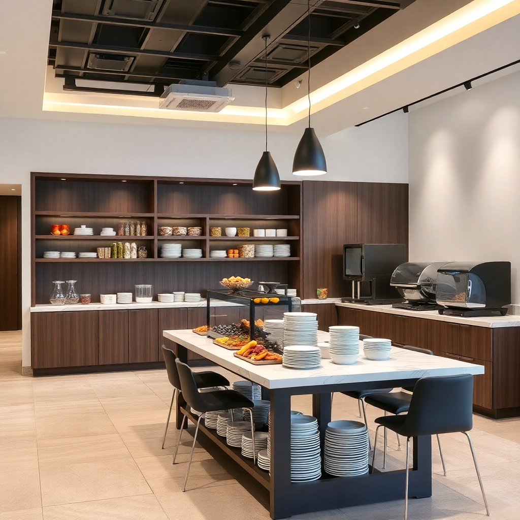 modern office pantry and break room, corporate catering setup, business environment
