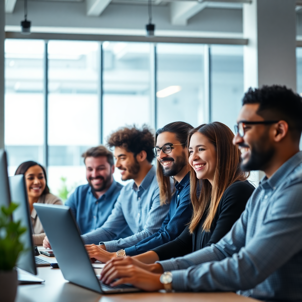 diverse team of tech professionals collaborating in modern office, smiling developers working together, inclusive workplace environment