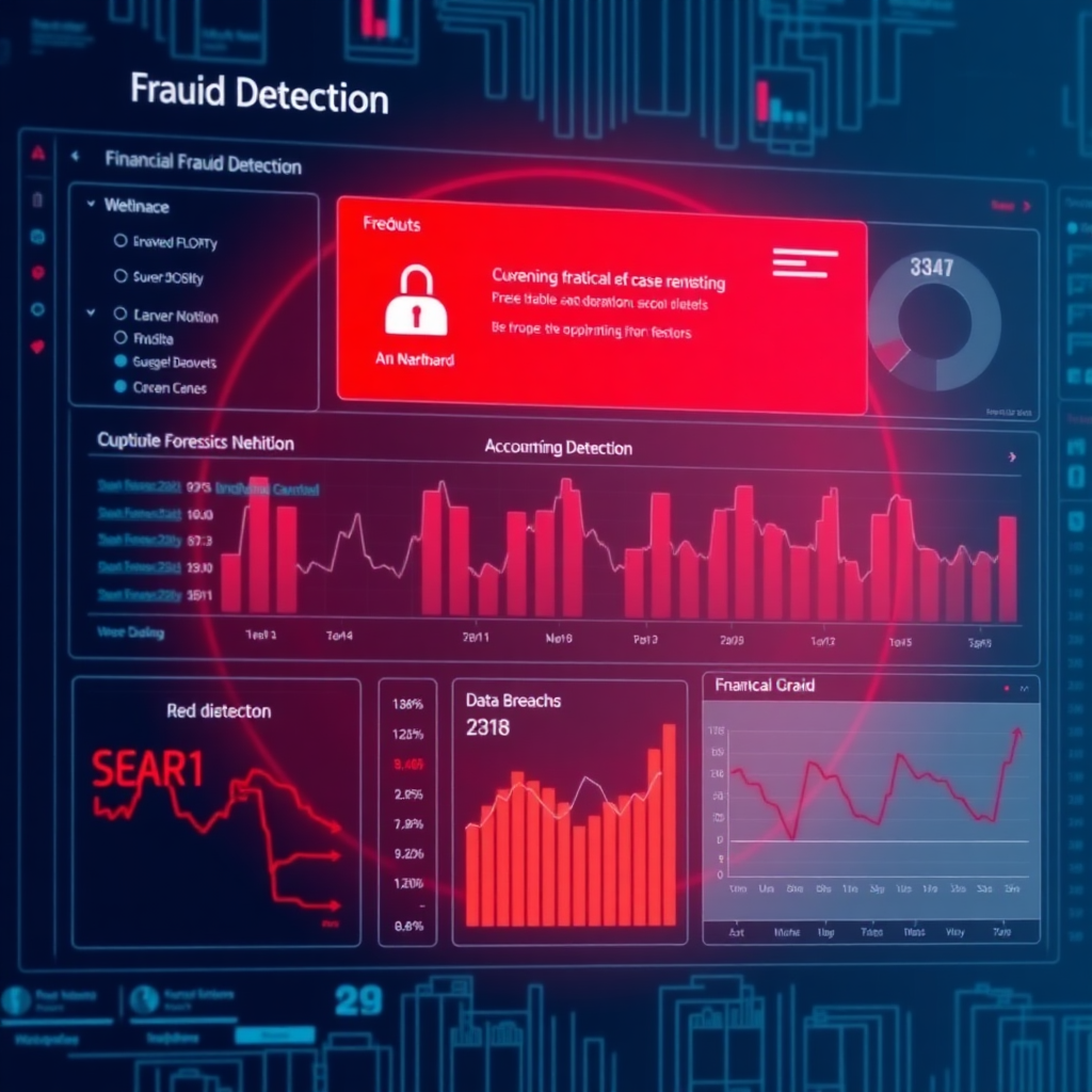 cybersecurity dashboard with financial fraud detection, red warning alerts, data breach visualization, network security monitoring, digital forensics interface