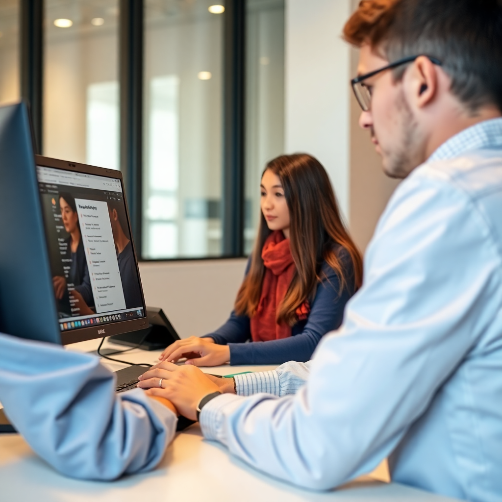 student taking Cambridge Linguaskill online test on computer, modern testing environment