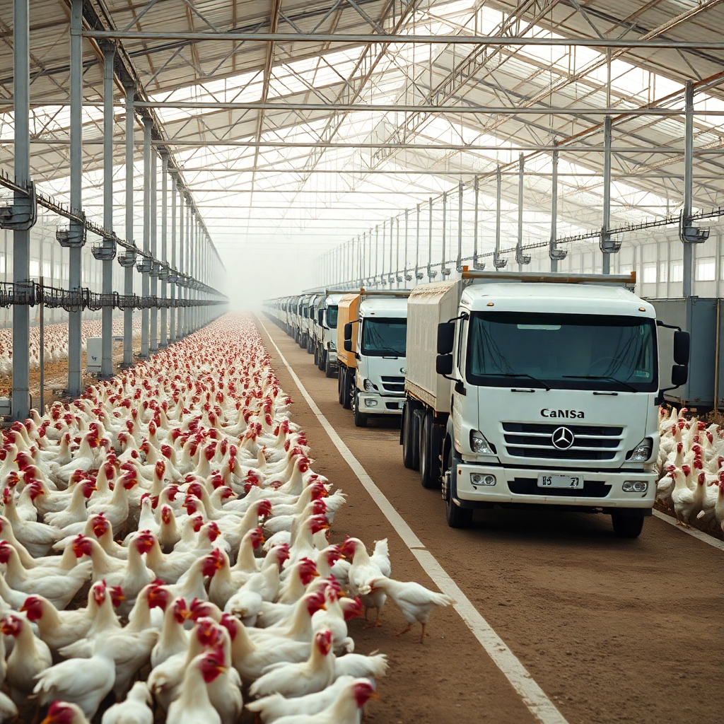 modern poultry farm with trucks loading