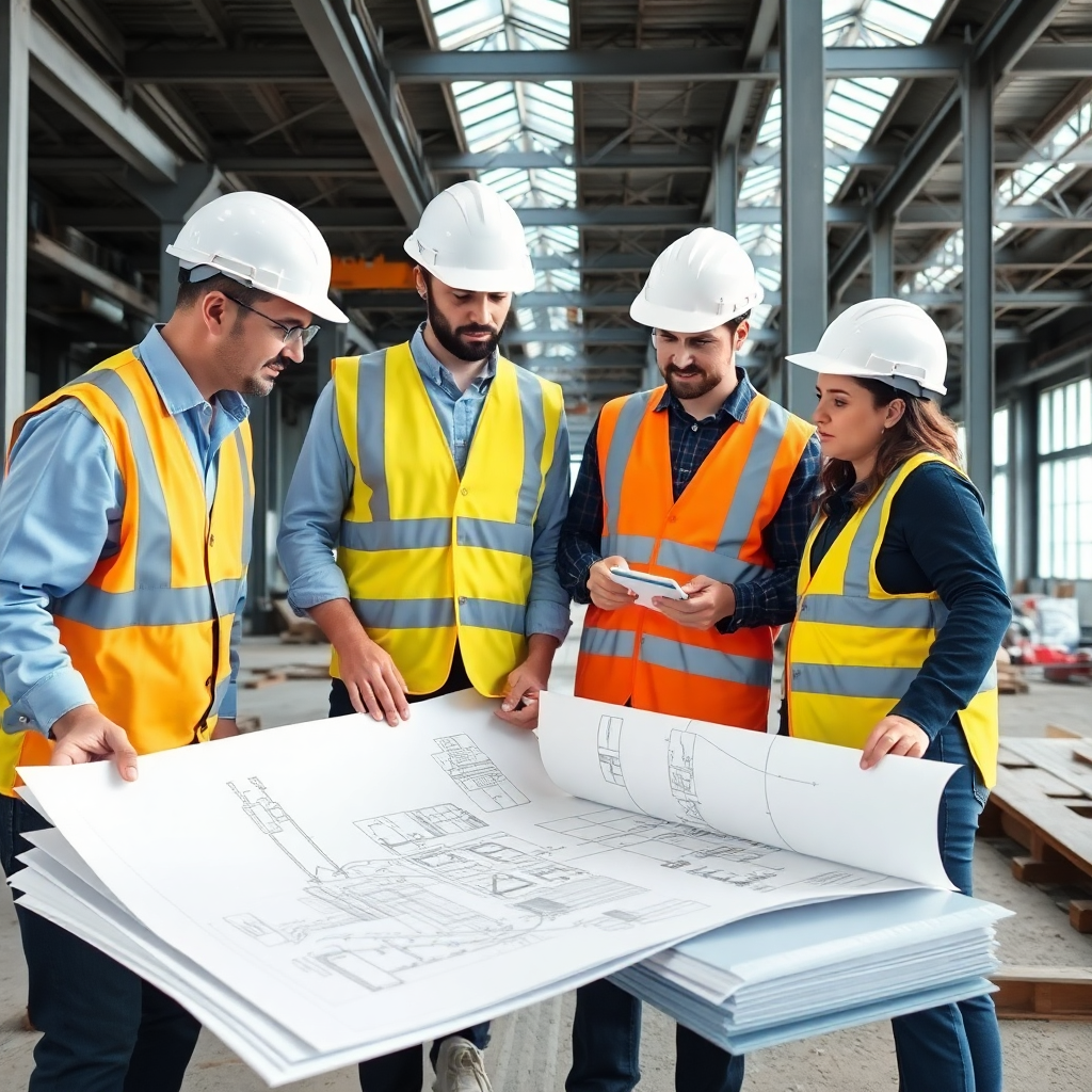 engineering team reviewing technical drawings and structural plans, modern construction technology