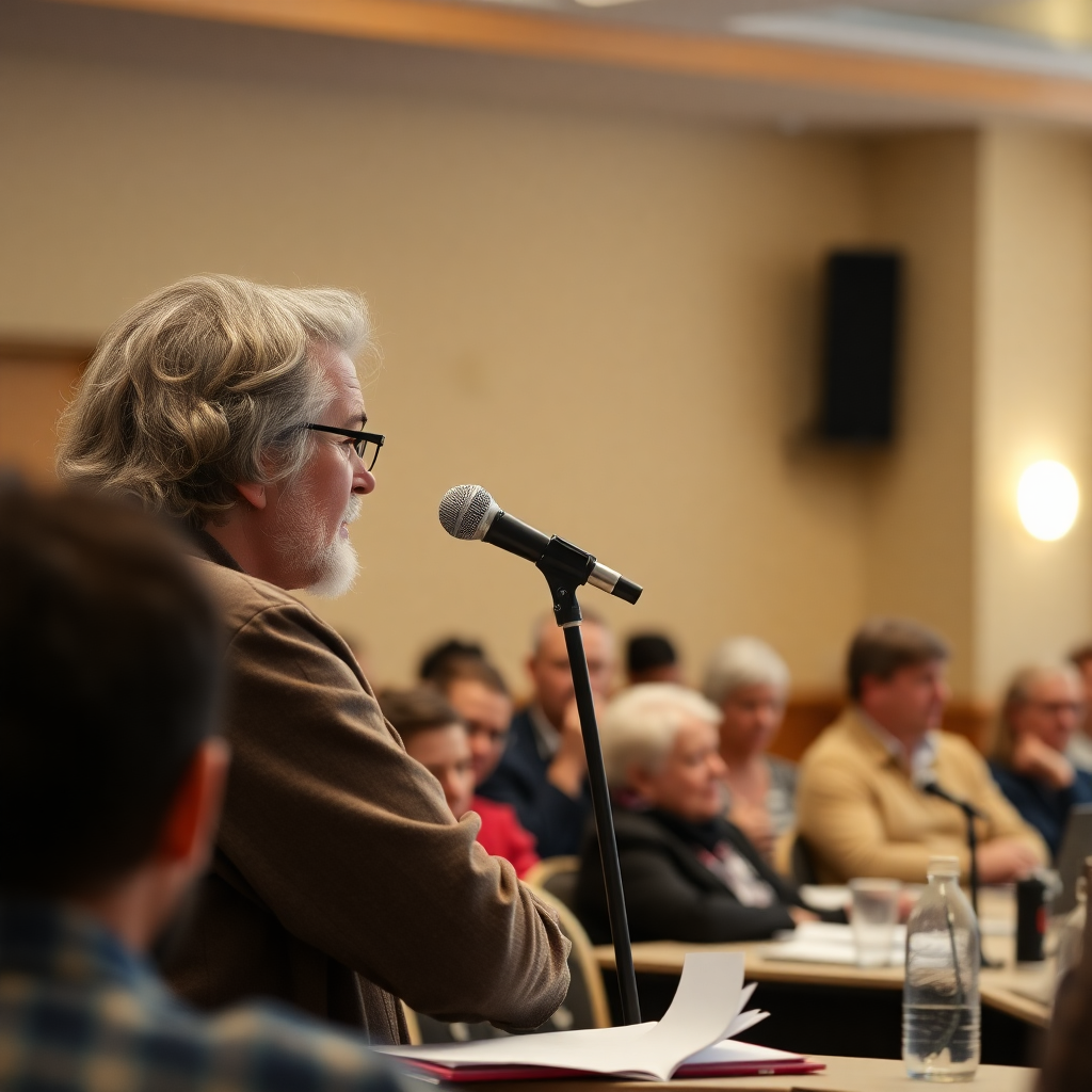 person speaking at microphone during community meeting, storytelling, sharing experiences