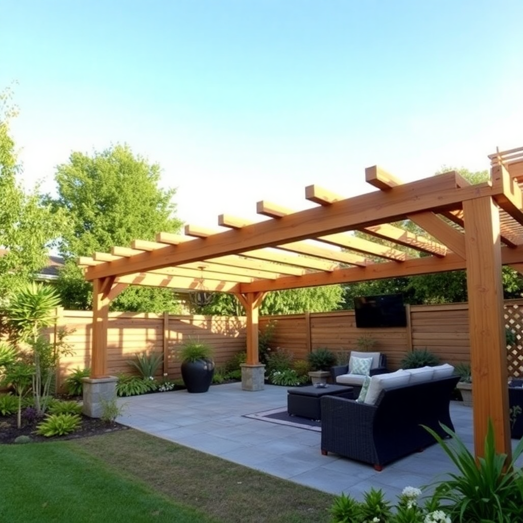wooden pergola in garden, outdoor living space, natural wood construction, professional landscaping photography
