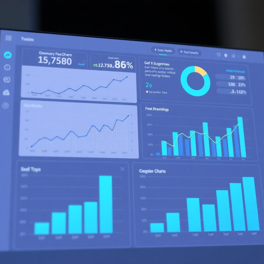 analytics dashboard showing growth charts and upward trending graphs, data visualization, success metrics, modern interface with blue accents