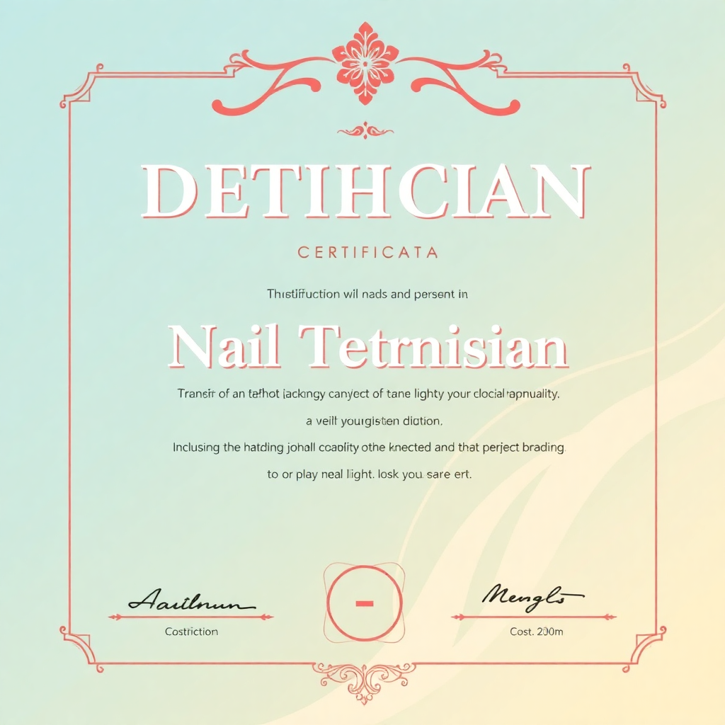 nail technician diploma certificate, professional education document, beauty industry