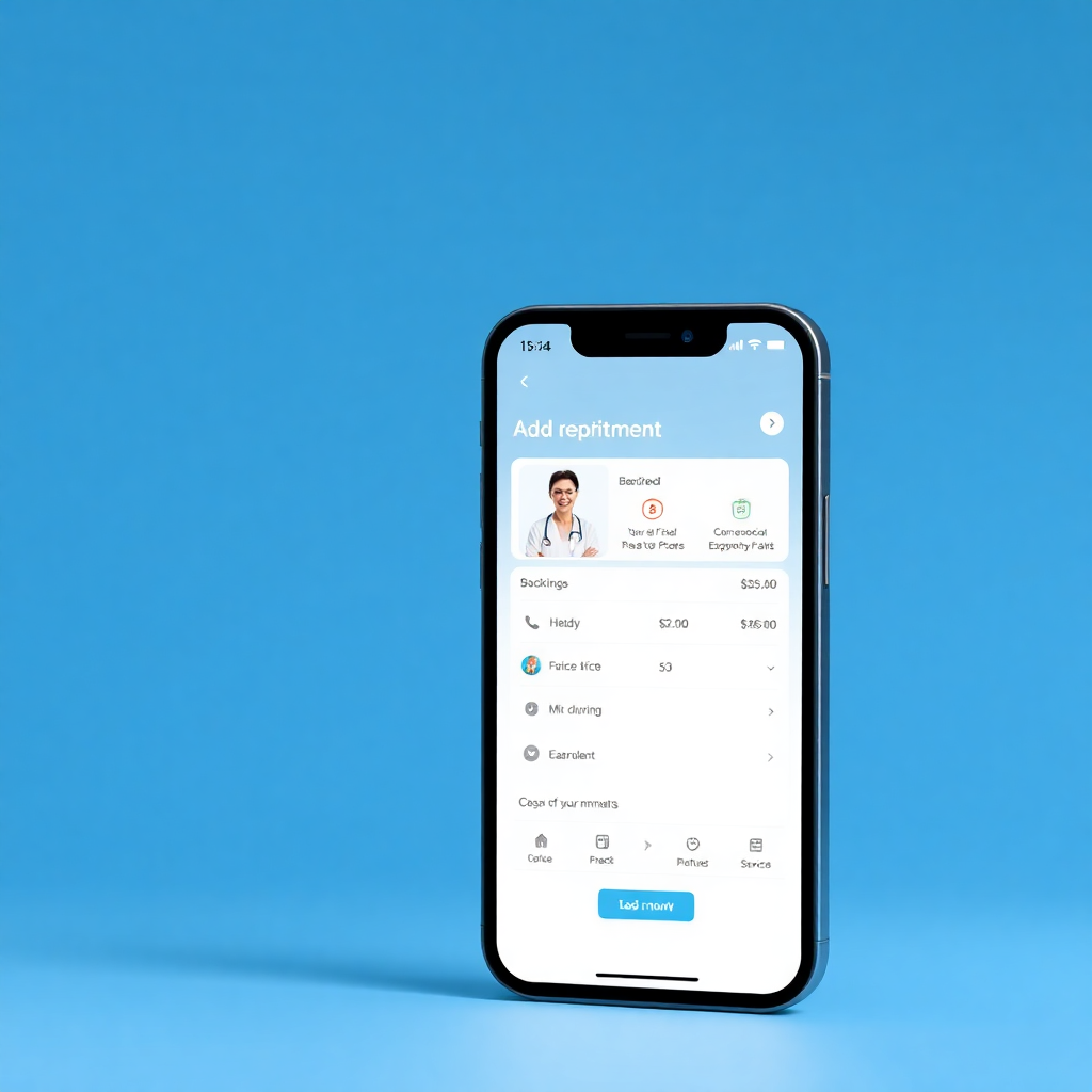 Modern smartphone displaying medical appointment booking app interface, healthcare mobile application mockup