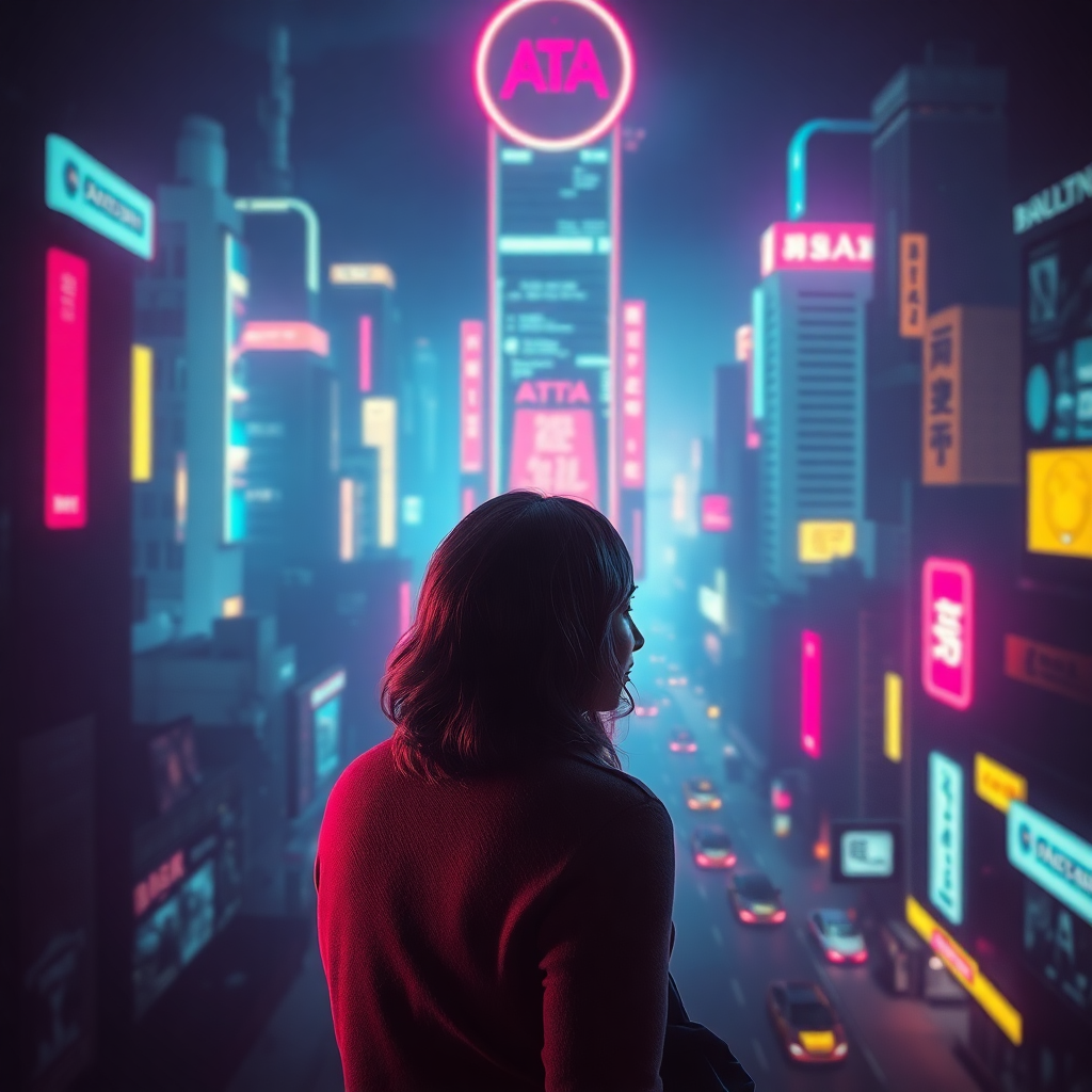 dramatic movie poster of a woman looking at a cyberpunk city, neon colors