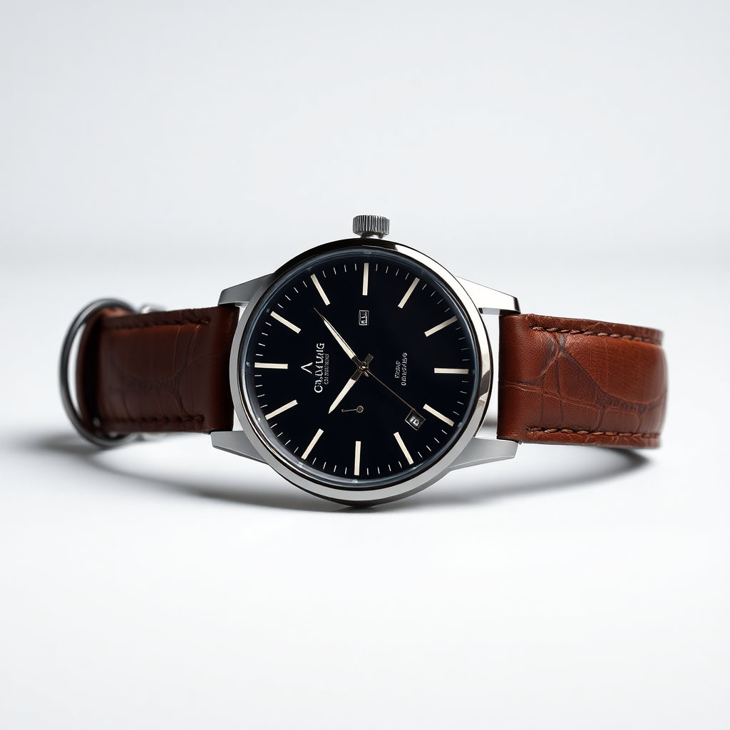 minimalist watch with leather strap on plain background, product photography