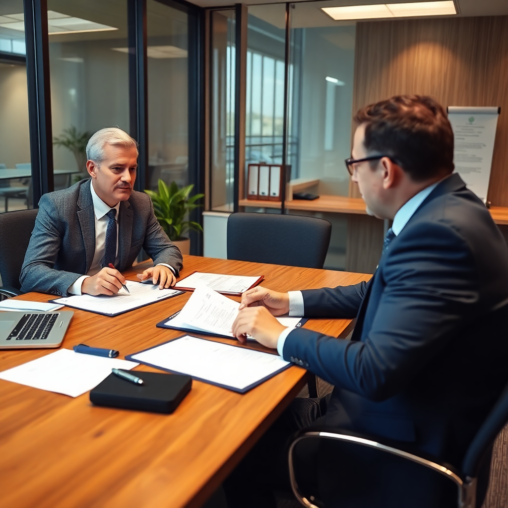 internal audit meeting with auditor reviewing documents and processes, professional office environment, certification preparation