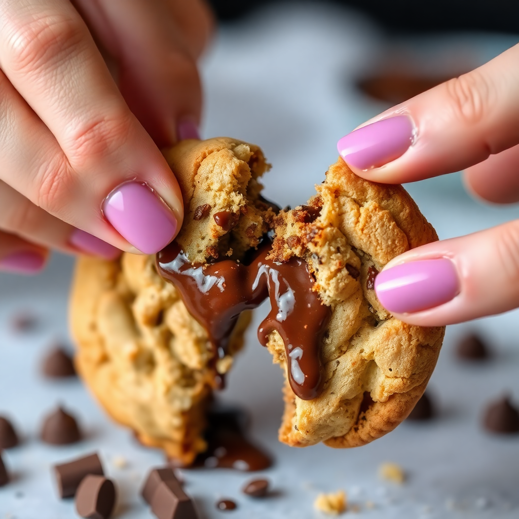 Someone breaking a warm cookie in half with melting chocolate
