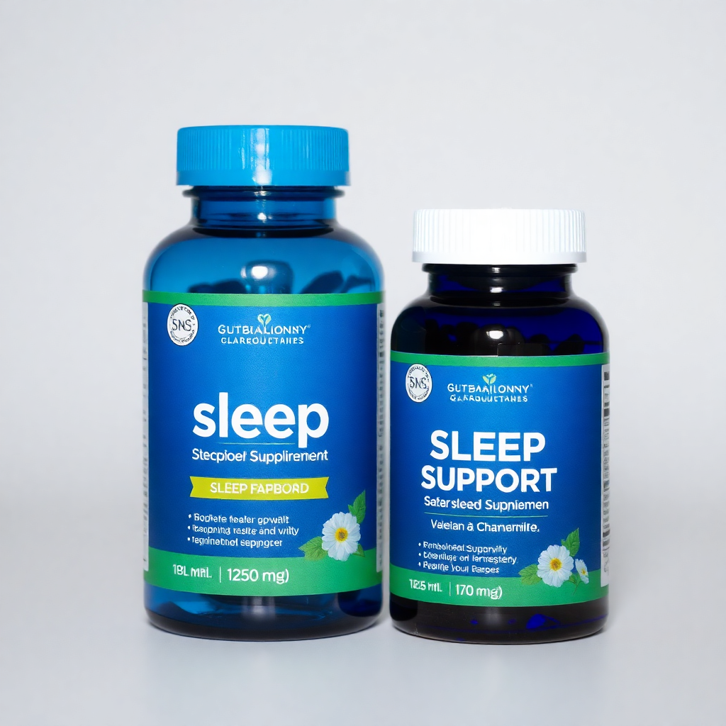 sleep support supplement with valerian and chamomile, blue bottle, professional product photography