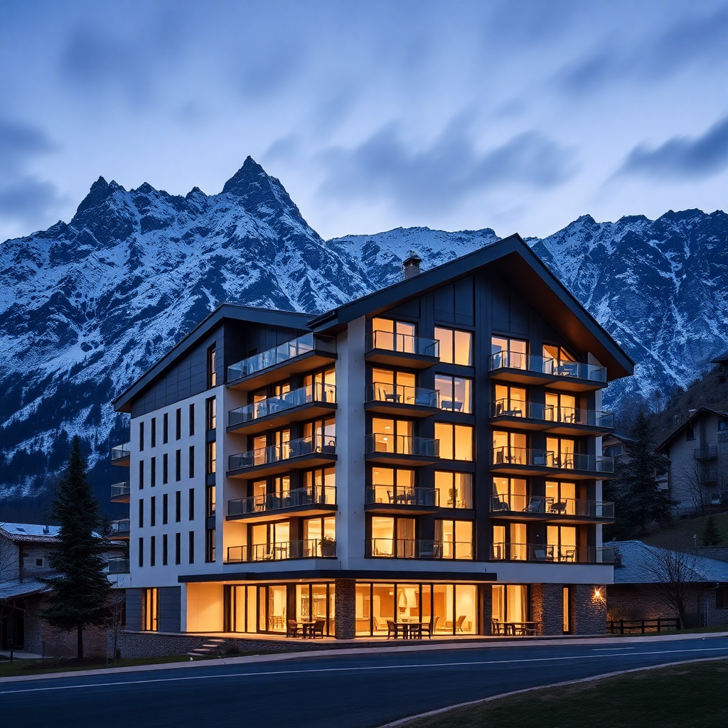 luxury alpine residential property exterior Escaldes-Engordany Andorra modern mountain architecture prestigious apartment building dramatic Pyrenees mountain backdrop sophisticated real estate evening editorial architecture photography