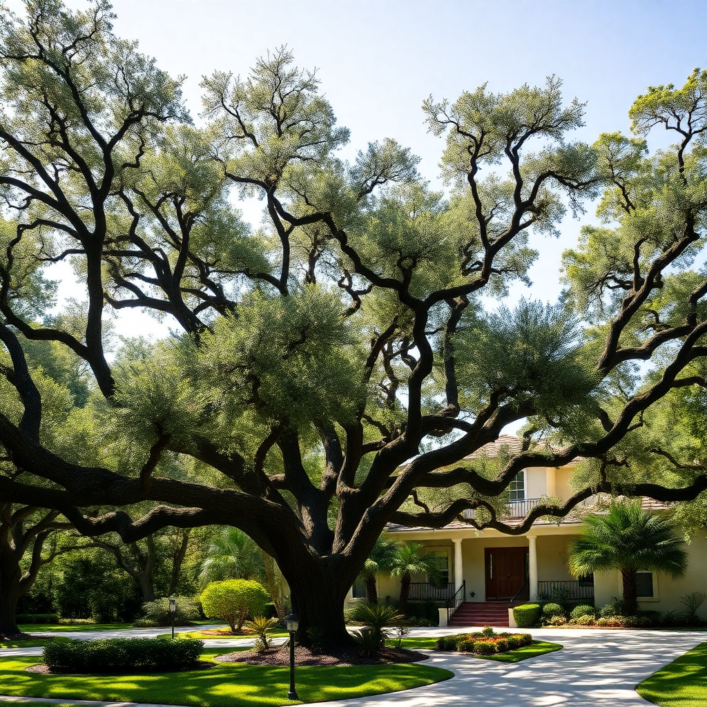a high quality professional photo of a residential area with large oak trees and a house in Tampa Florida, daylight