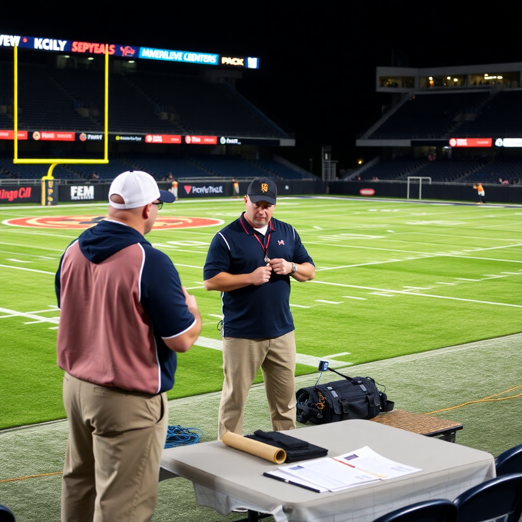 sports event organization, coaches training athletes, stadium setup