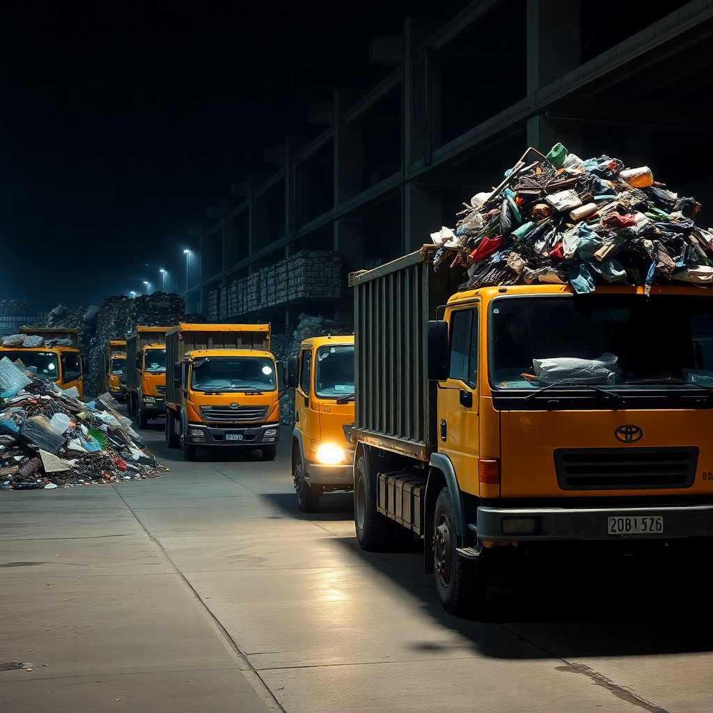 Patio industrial de reciclaje con camiones cargando desechos de plástico y metal